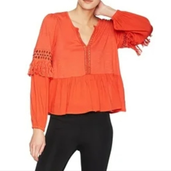 NWT 1X LUCKY BRAND Modal Embroidered Tassle Long Elastic Cuff Sleeve Peasant - Picture 1 of 3